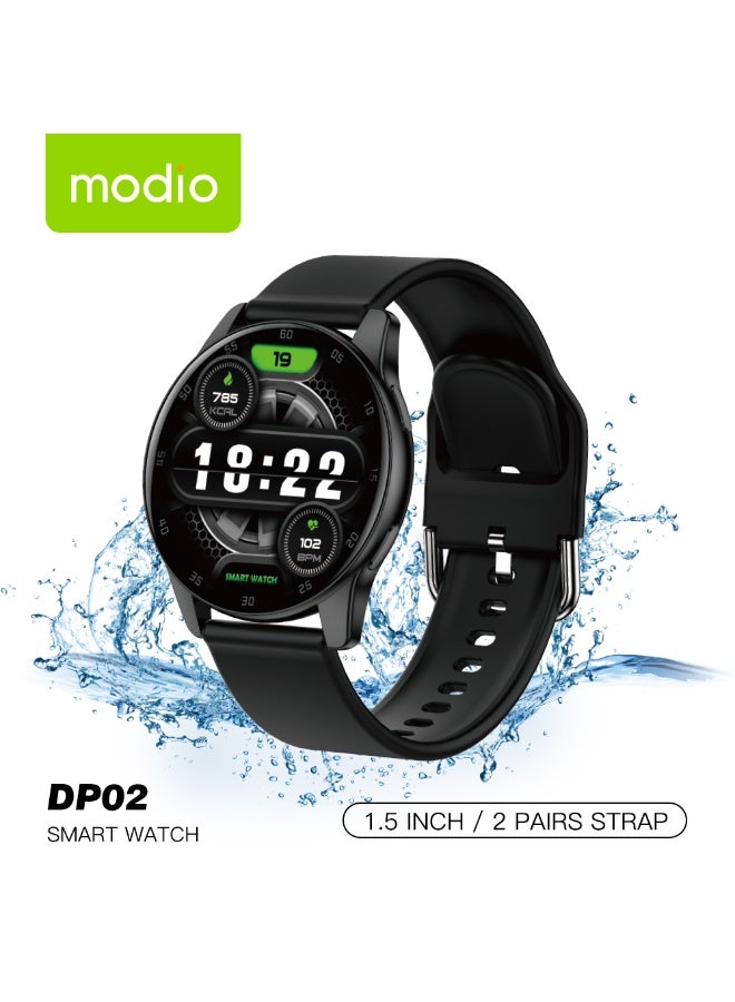 موديو ساعة Modio DP02 الذكية المقاومة للماء، بشاشة منحنية 1.5 بوصة، تدعم مكالمات البلوتوث، مزودة بزوجين من الأساور وكابل شحن، مصممة للرجال والنساء، لون أسود - Image 1